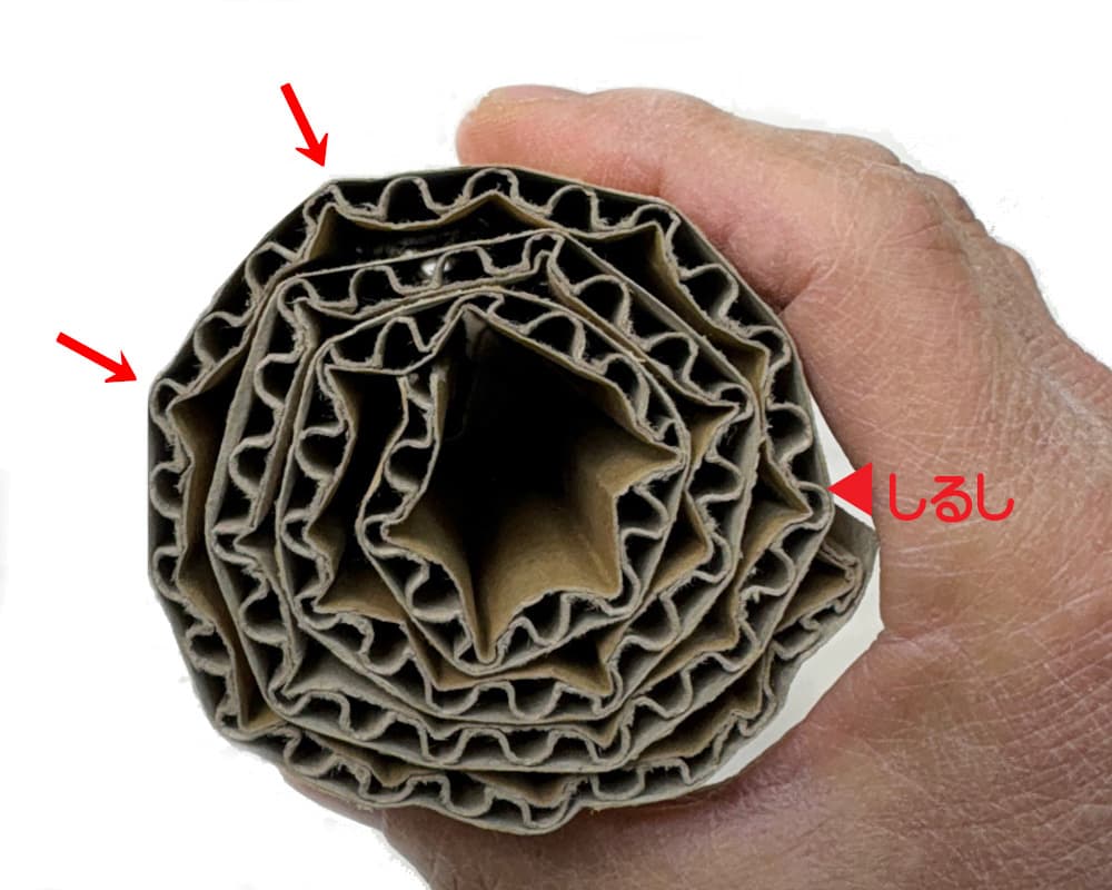 幅約40cm長さ約60cmの段ボール紙を直径が人差し指の長さになるまで巻いた画像